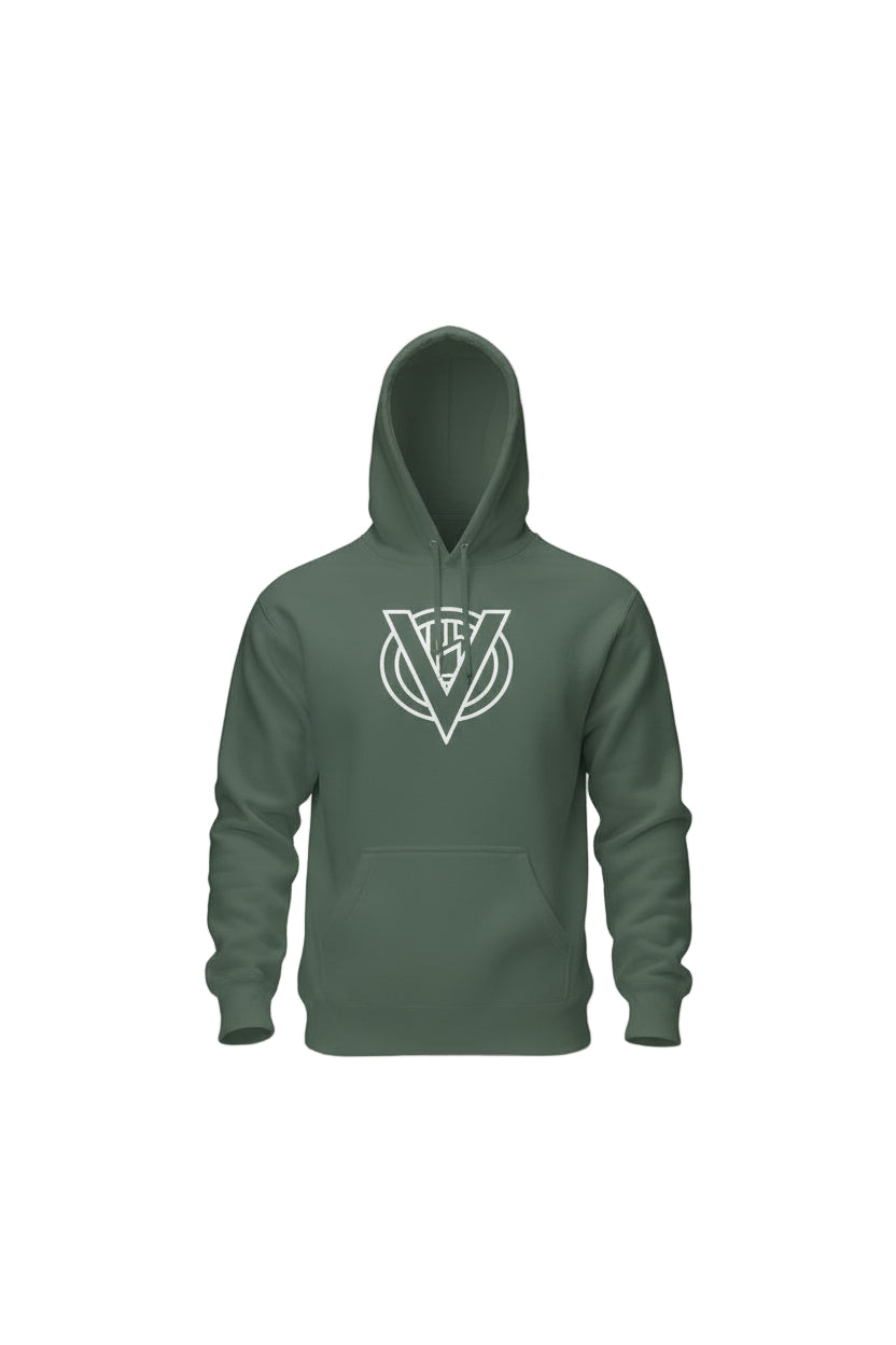 Green hoodie with a logo on the chest against a white background