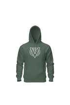 Green hoodie with a logo on the chest against a white background