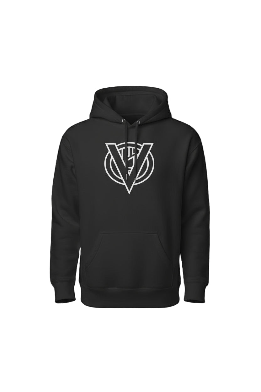 Black hoodie with a white logo on a white background