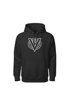 Black hoodie with a white logo on a white background