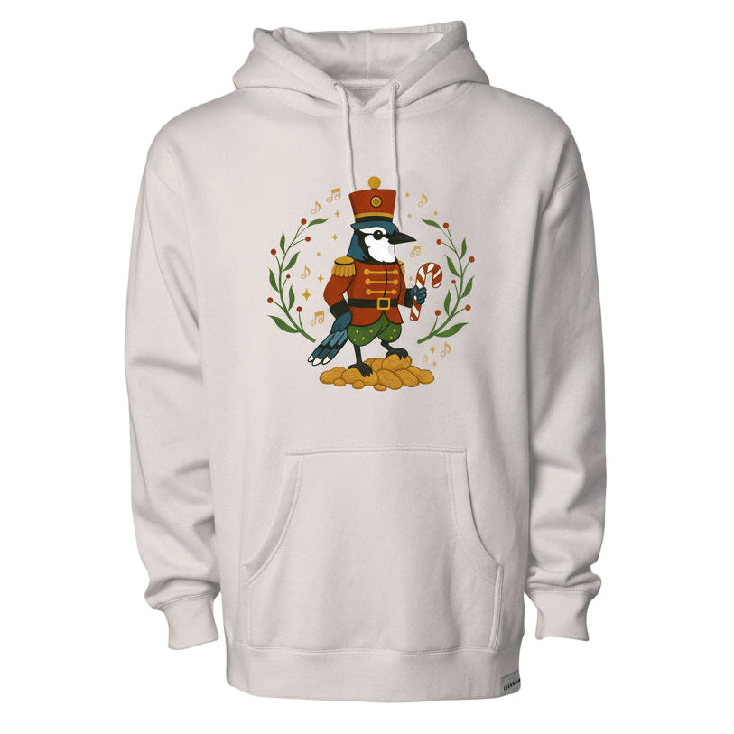 White hoodie with a blue jay holding a candy cane on a white background
